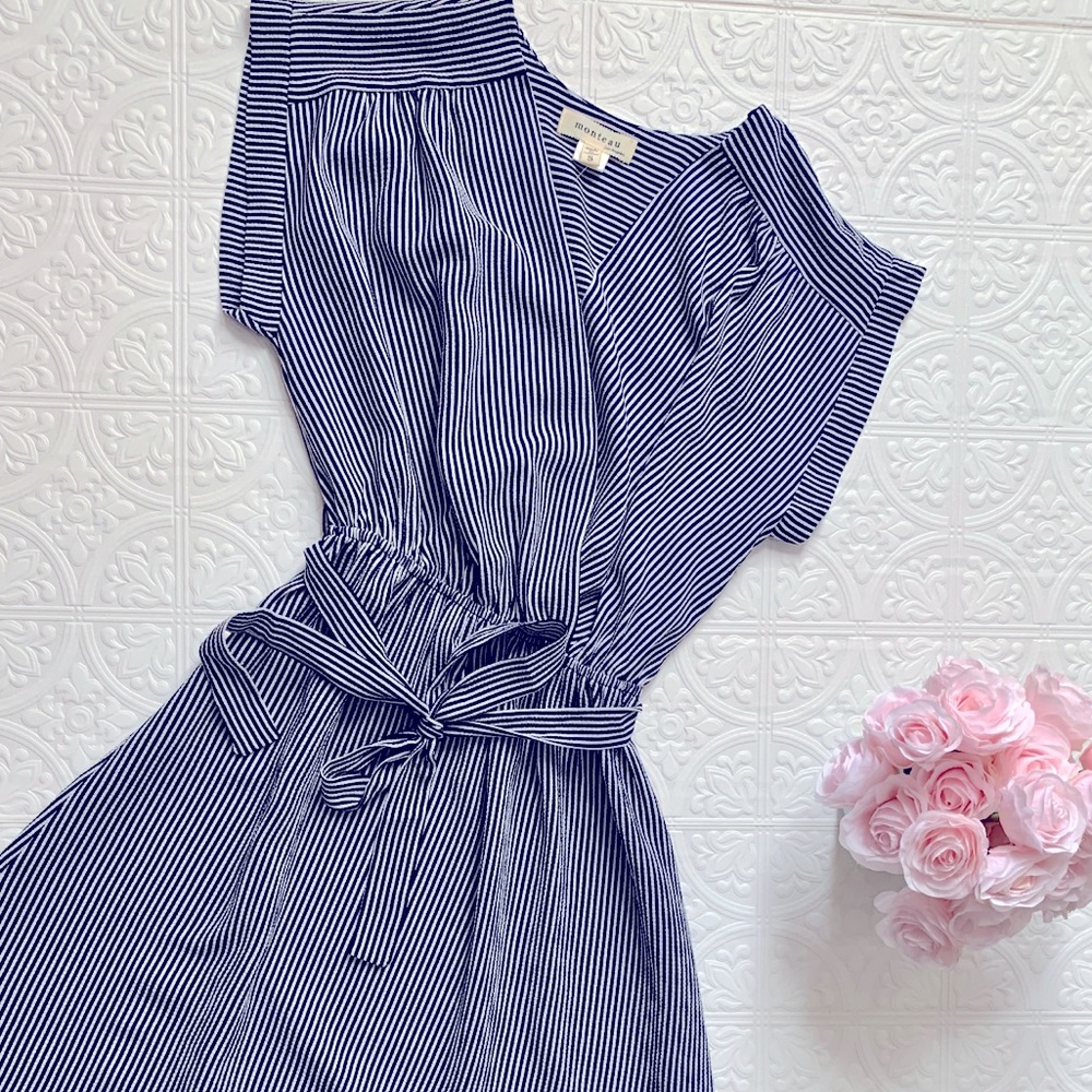 Navy and White Striped Summer Wrap Dress - Picture 2 of 5